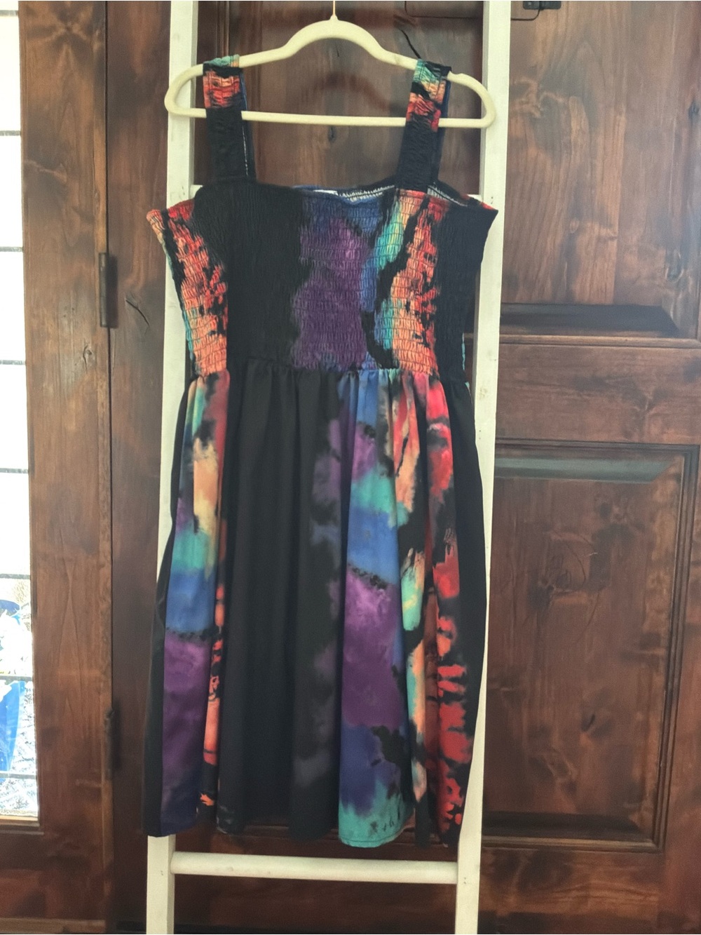 Black Tie-Dye Smocked Casual Sundress with Multicolor Accents